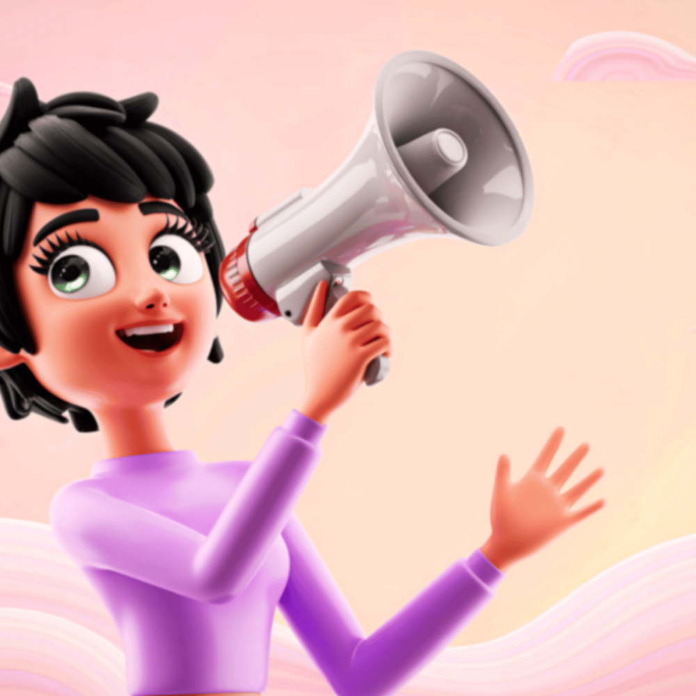 Excited cartoon woman shouting through a megaphone announcing something