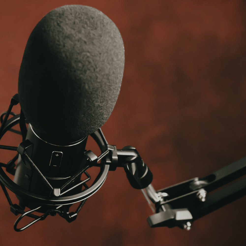Professional studio microphone on a stand with red background